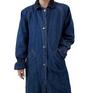 Vintage 1990s Womens Jill Evans Blue Cotton Denim Jean Trench Coat Duster Jacket